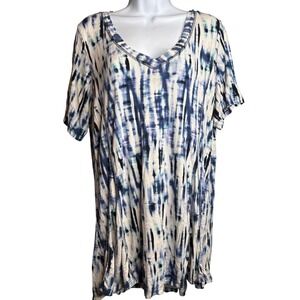 Rose Olive Women's Tunic Top Size 1X Blue Tie Dye V Neck Short‎ Sleeve Coastal